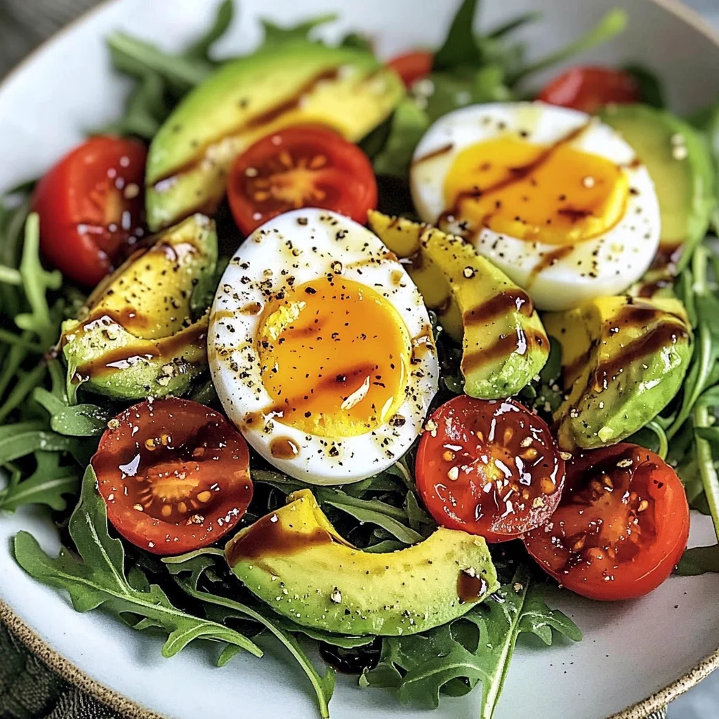 Avocado Arugula Salad with Jammy Eggs & Creamy Balsamic Drizzle