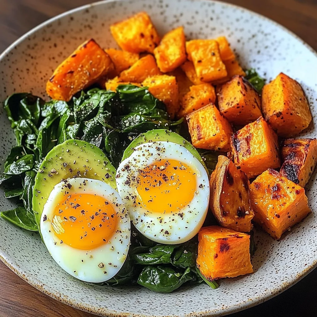 Avocado Power Plate with Jammy Eggs, Spinach & Sweet Potatoes