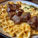 Beef and Bowtie Pasta in Cheddar Sauce