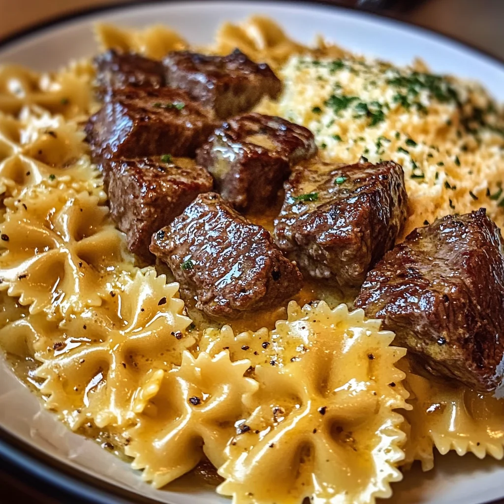 Beef and Bowtie Pasta in Cheddar Sauce