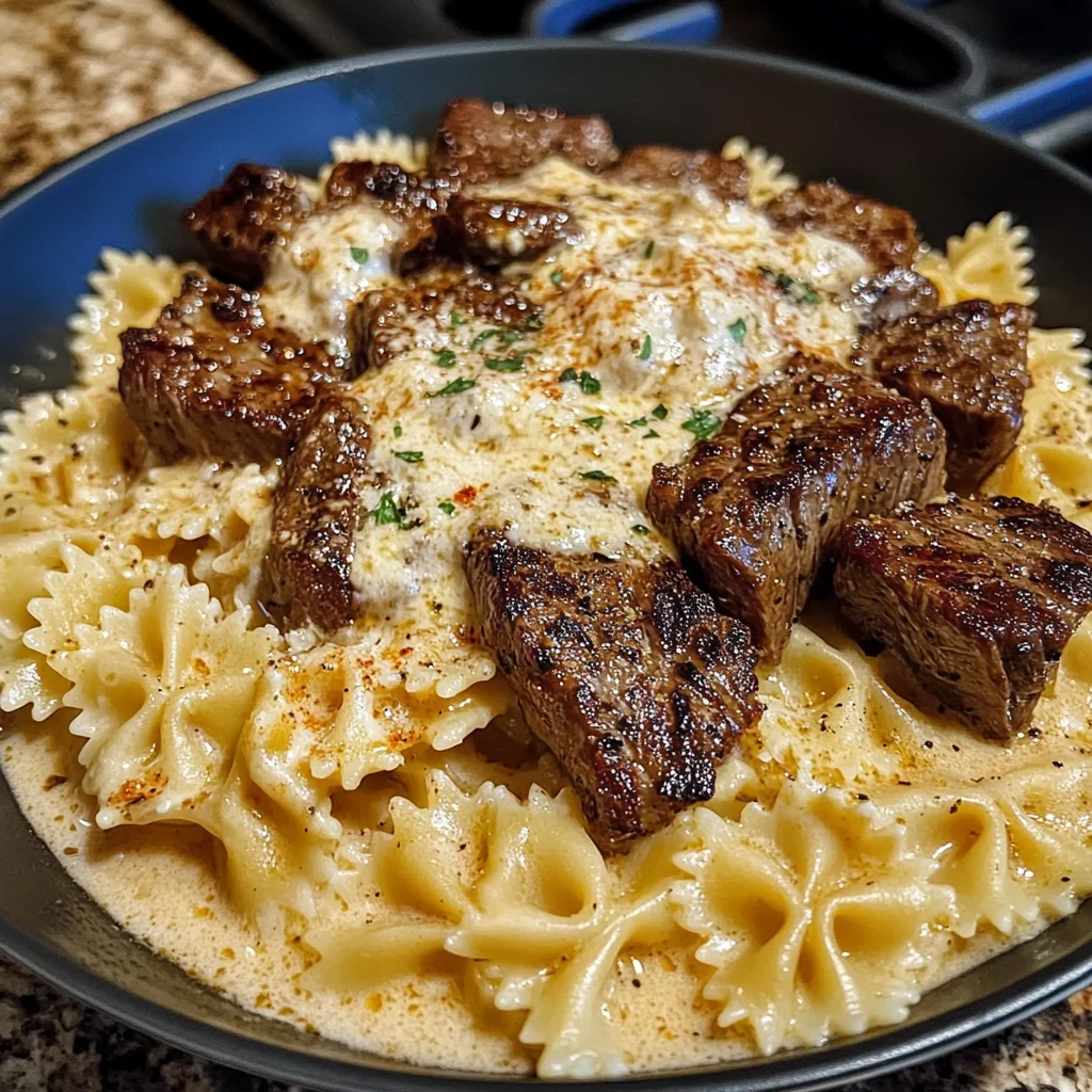 Cajun Steak Tips with Cheesy Parmesan Bowtie Pasta