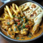 Coconut Chicken Curry with Crispy Fries and Warm Naan