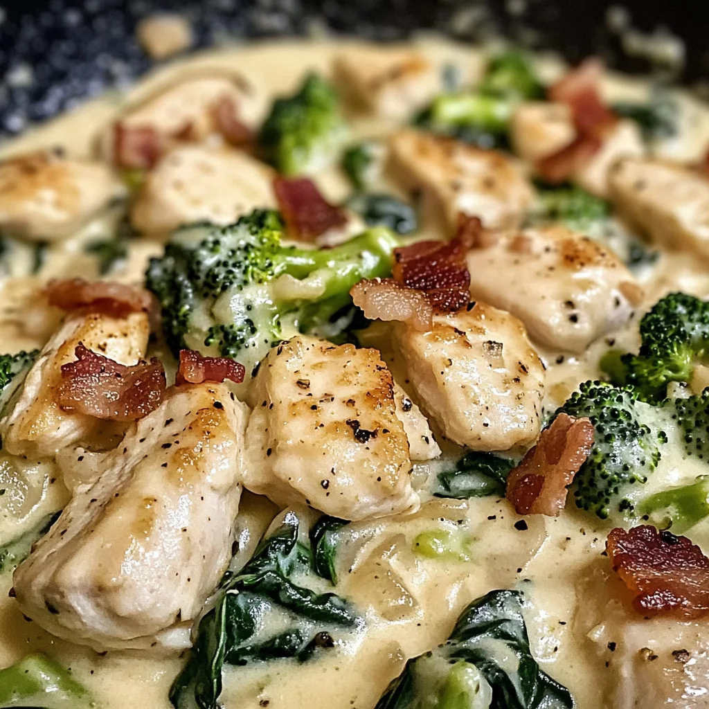 Creamy Chicken Alfredo with Spinach, Bacon, and Broccoli