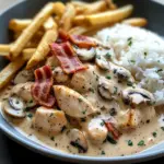 Creamy Chicken & Bacon Stroganoff with Garlic Naan, Rice & Crispy Fries