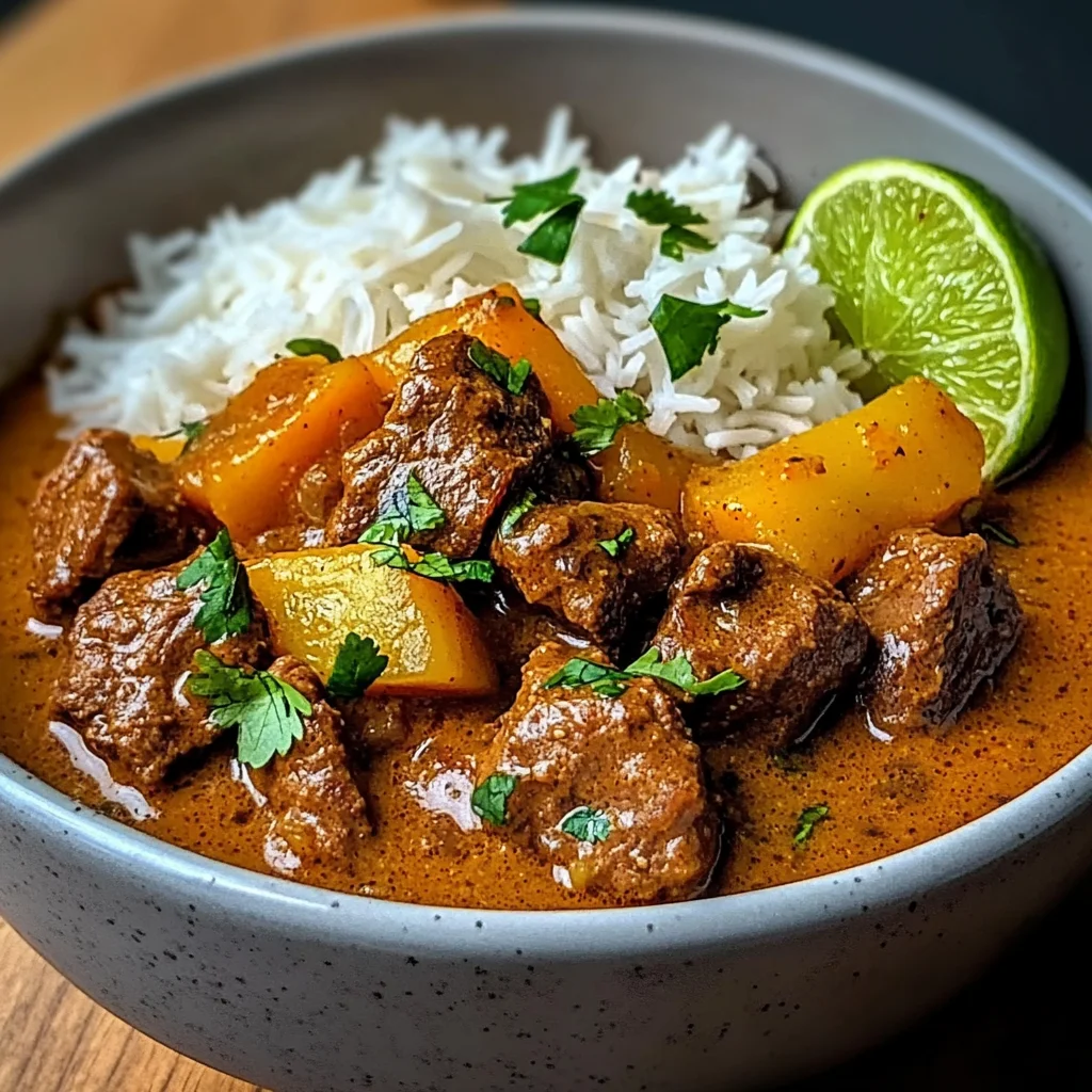 Creamy Coconut Curry Beef with Garlic Naan & Fries
