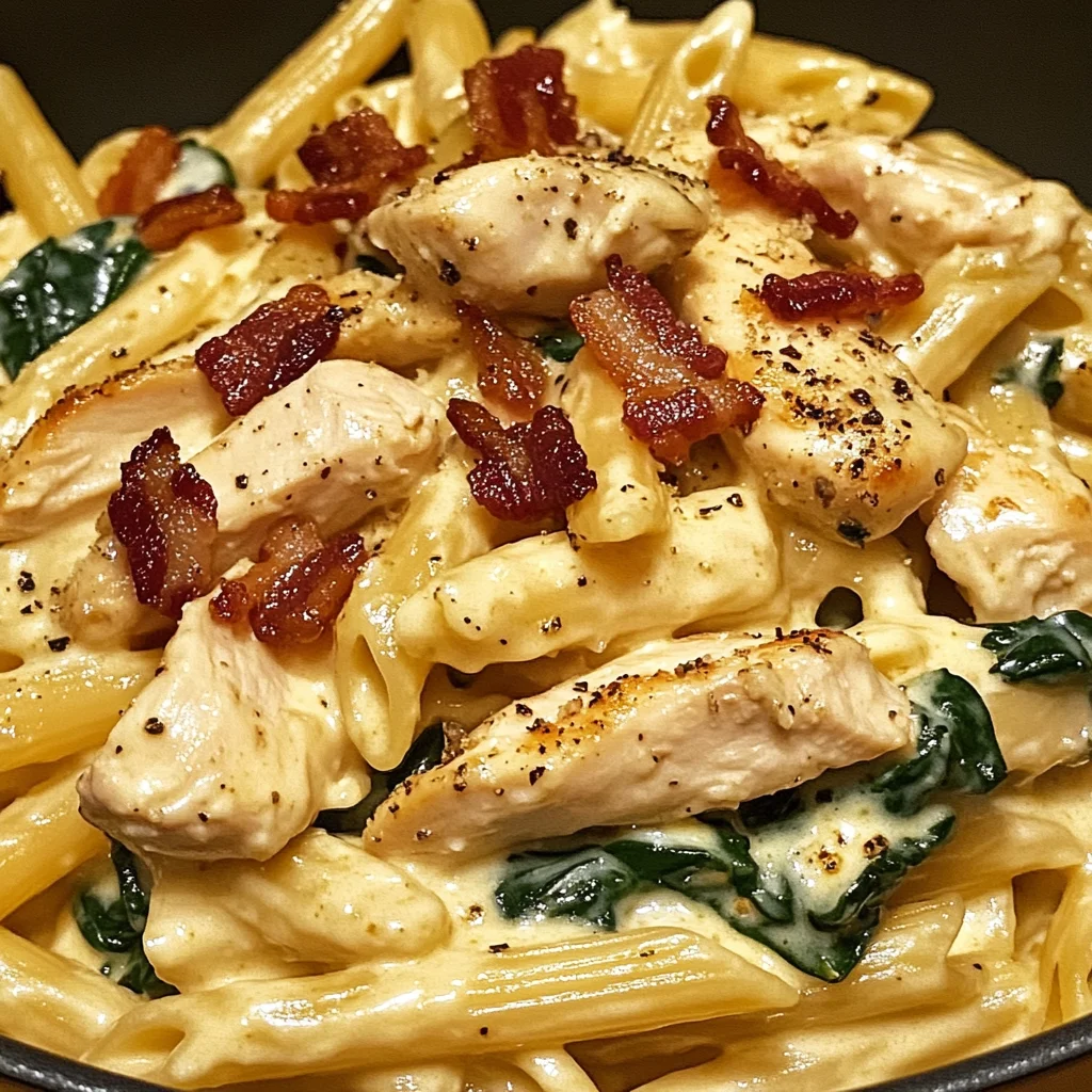 Creamy Garlic Chicken Bacon Penne with Spinach