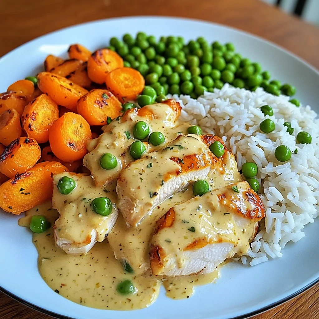 Creamy Garlic Chicken with Fluffy Rice and Glazed Carrots