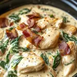 Creamy Slow Cooker Chicken Stroganoff with Spinach and Crispy Bacon