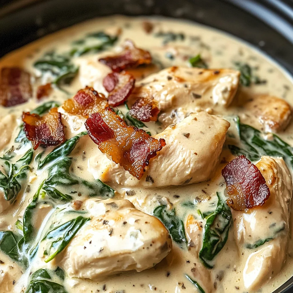 Creamy Slow Cooker Chicken Stroganoff with Spinach and Crispy Bacon
