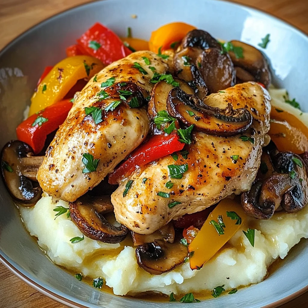 Garlic Butter Chicken with Mushrooms, Peppers & Mashed Potatoes