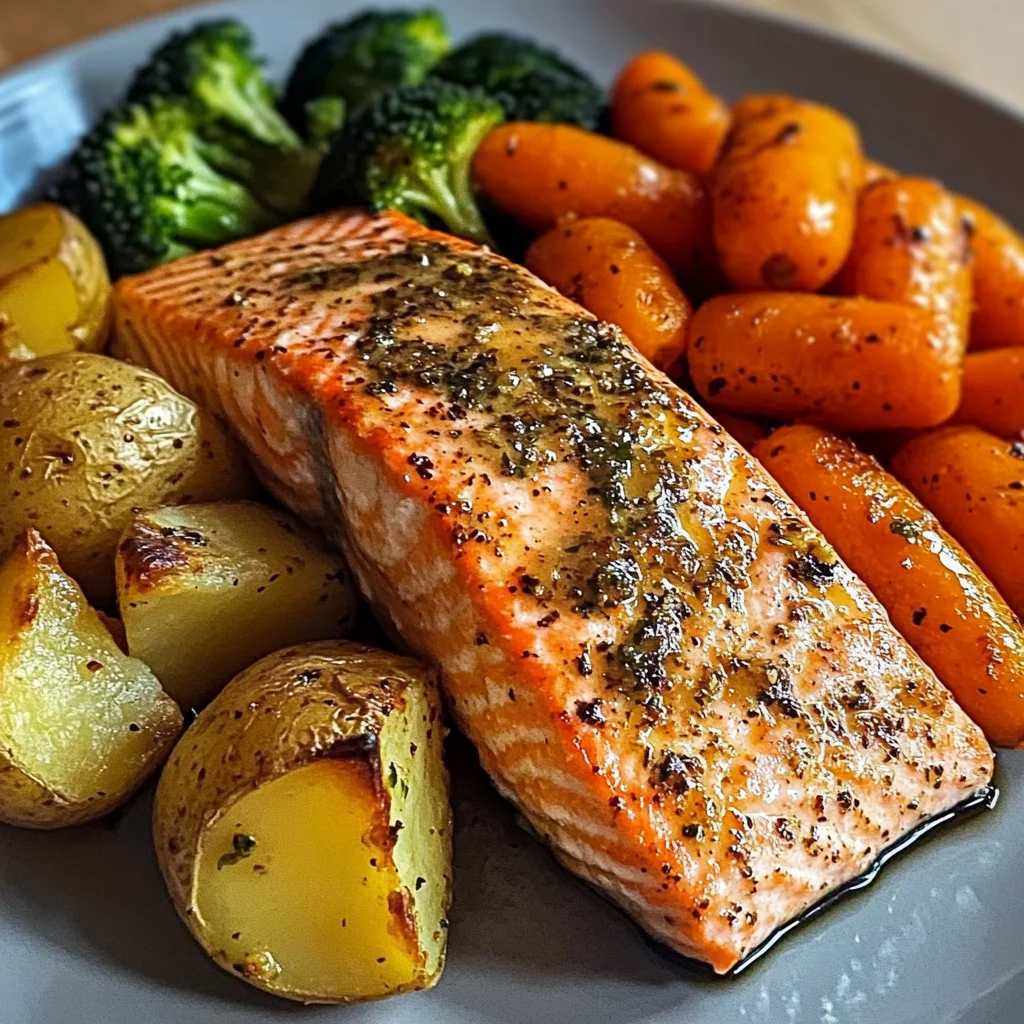 Garlic Butter Salmon with Roasted Potatoes, Glazed Carrots & Steamed Broccoli