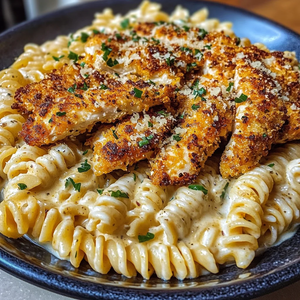 Garlic Parmesan Chicken Twisted Pasta in Spicy Three-Cheese Cajun Sauce