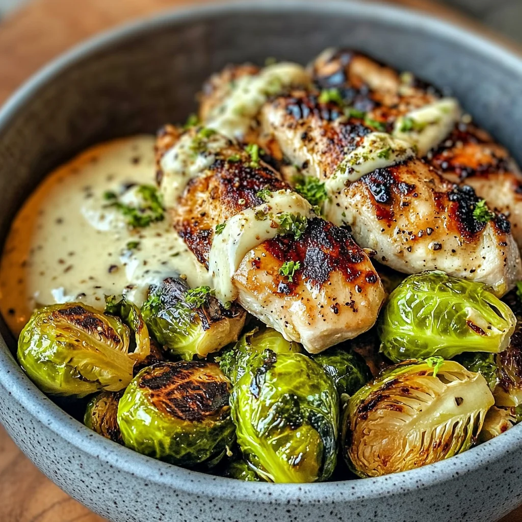 Grilled Chicken & Brussels Sprouts Bowl with Creamy Garlic-Parmesan Sauce