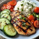 Grilled Chicken with Rice and Fresh Tomato-Cucumber Salad