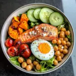Omega Bowl: Salmon, Jammy Egg & Greens with Chickpeas & Sweet Potato
