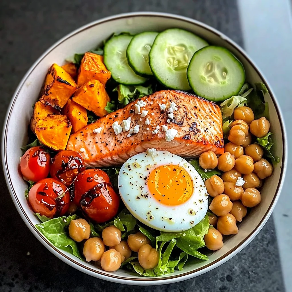 Omega Bowl: Salmon, Jammy Egg & Greens with Chickpeas & Sweet Potato