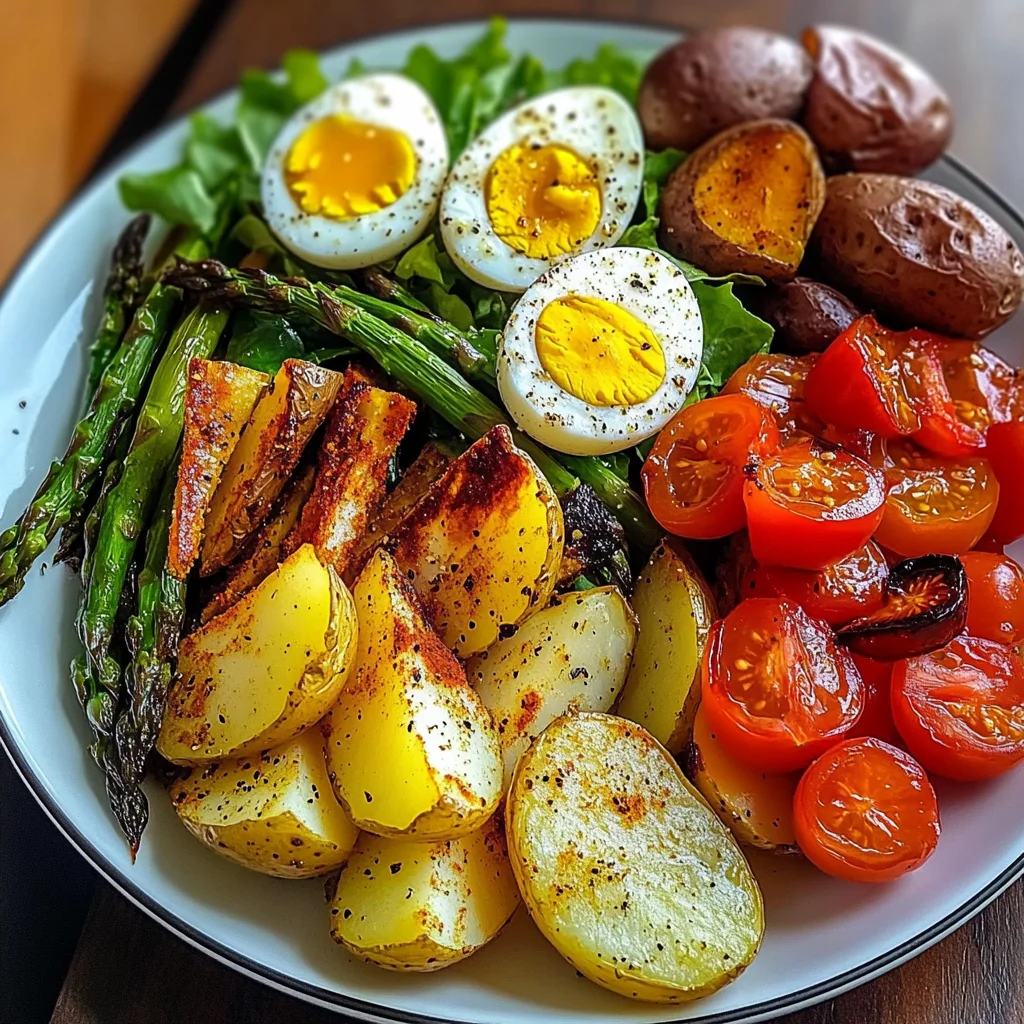 Roasted Potato Wedges with Asparagus, Jammy Eggs & Fresh Garden Salad