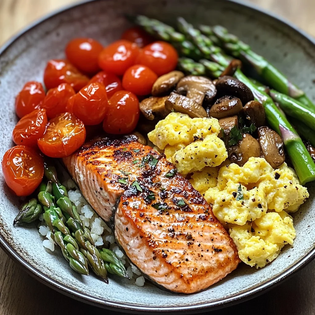 Salmon Power Bowl with Scrambled Eggs, Asparagus & Sauted Mushrooms