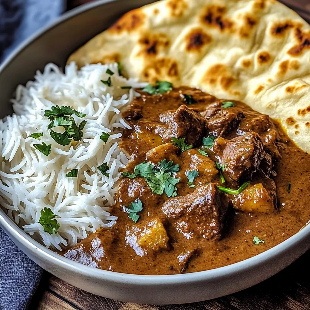 Slow-Cooked Beef Curry in Coconut Gravy with Toasted Garlic Naan