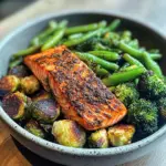 Spiced Salmon Bowl with Roasted Brussels, Sautéed Greens & Steamed Broccoli