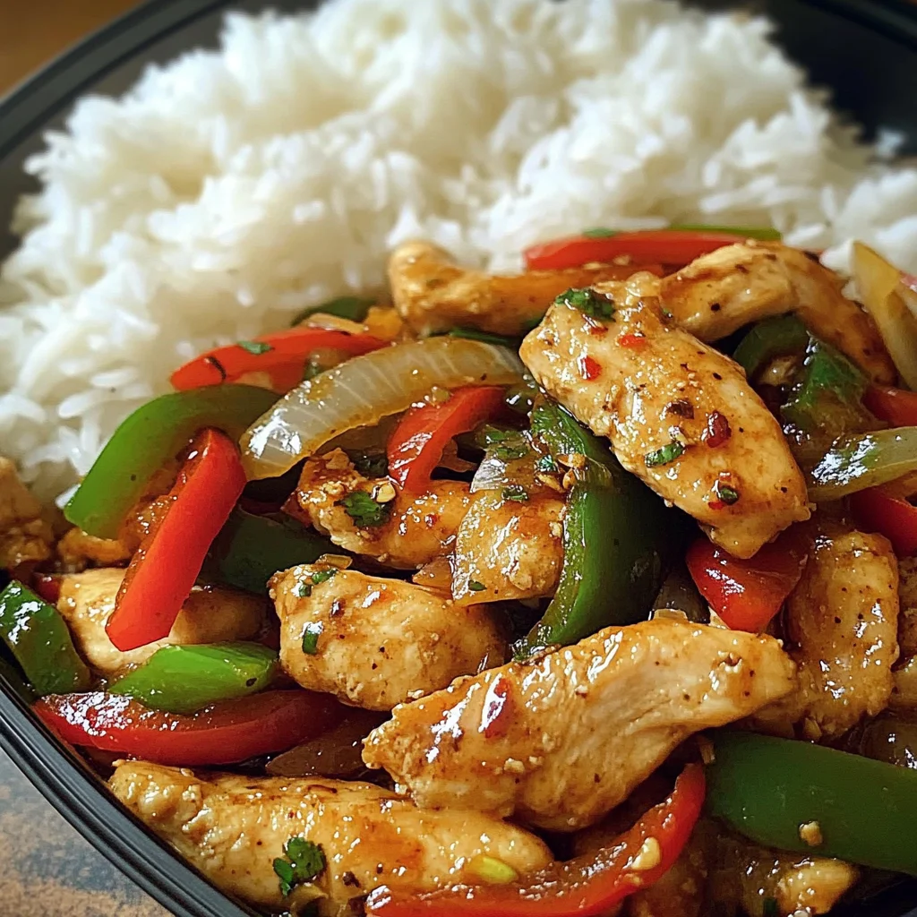 Spicy Garlic Pepper Chicken Stir-Fry with Steamed Rice