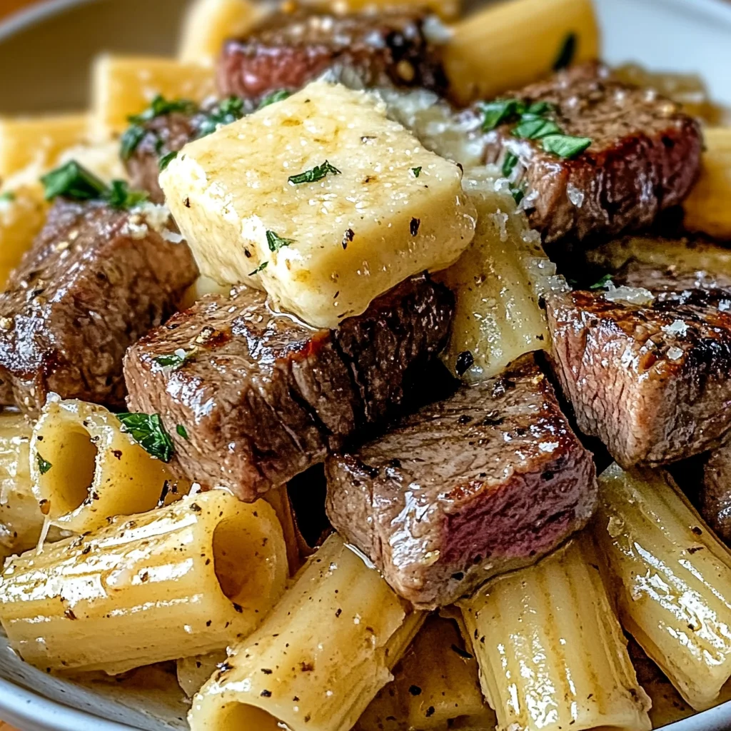Garlic Butter Steak Tips with Cheesy Rigatoni