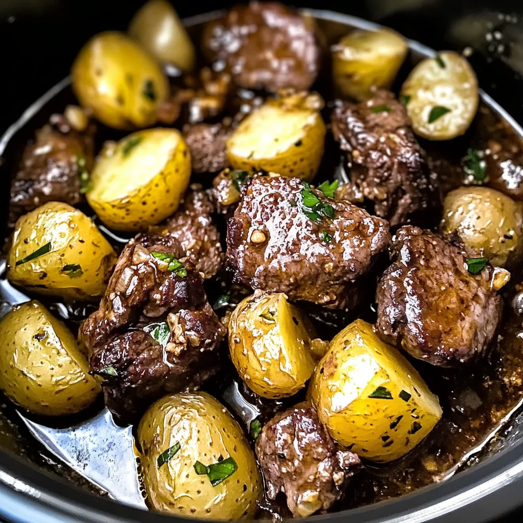 crockpot garlic butter beef bites with potatoes