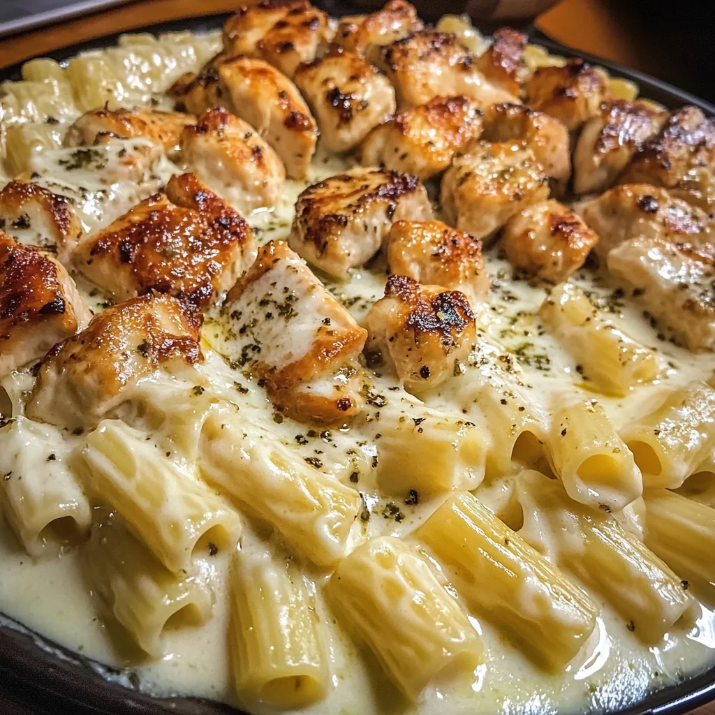 Cheesy Chicken Alfredo Rigatoni in Garlic Butter Sauce
