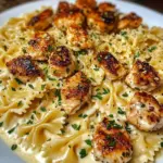 Creamy Alfredo Bowtie Pasta with Garlic Chicken Bites