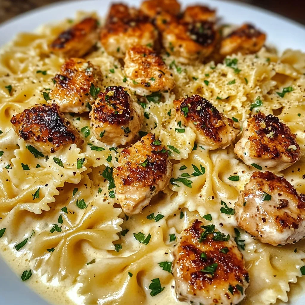 Creamy Alfredo Bowtie Pasta with Garlic Chicken Bites