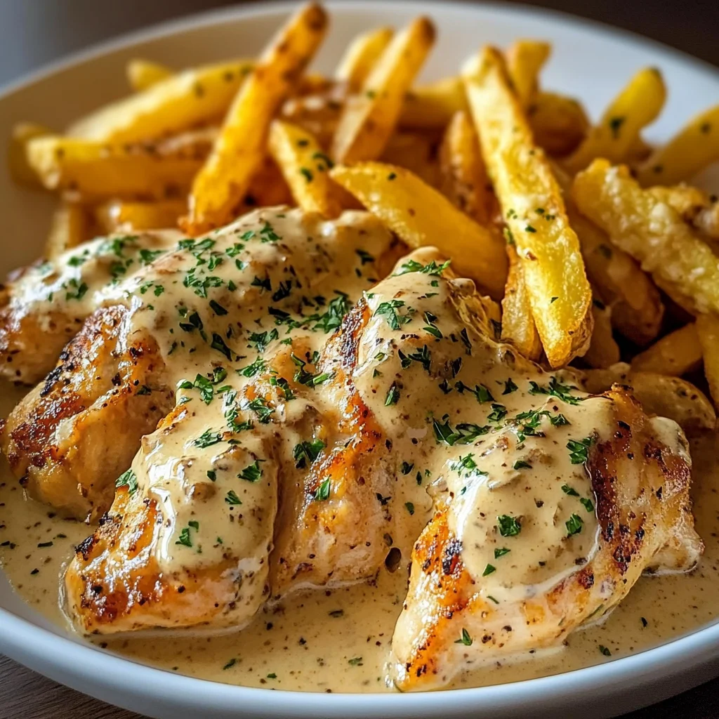 Creamy Garlic Herb Chicken with Crispy Fries