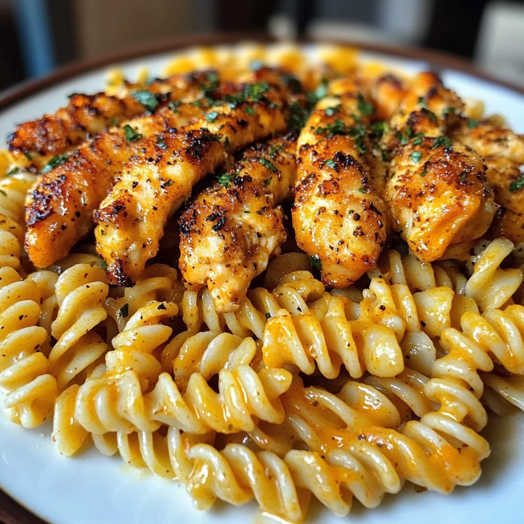 Creamy Velveeta Rotini with Cajun Garlic Chicken Strips