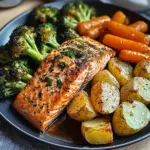 Garlic-Herb Salmon with Roasted Potatoes, Glazed Carrots & Broccoli