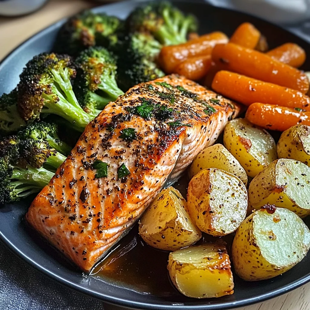 Garlic-Herb Salmon with Roasted Potatoes, Glazed Carrots & Broccoli