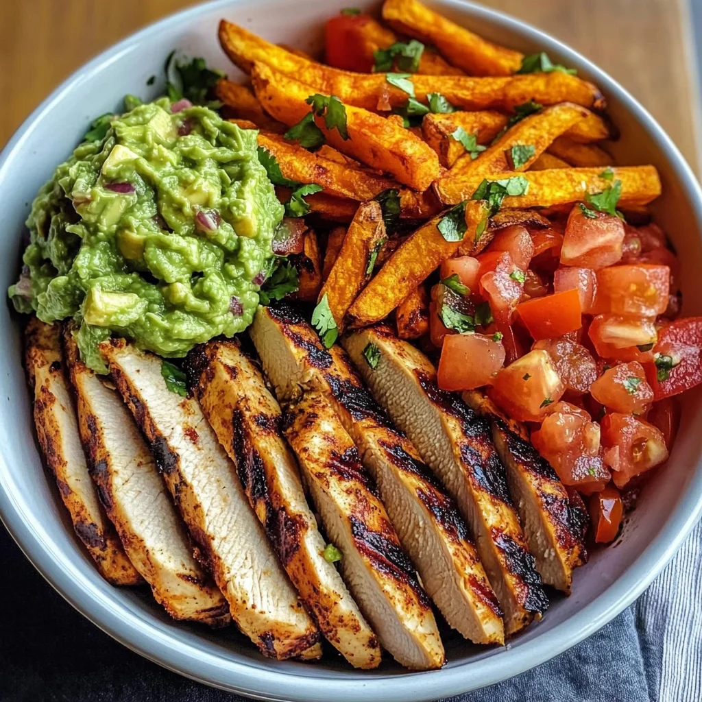Grilled Chicken Power Bowl with Sweet Potato Fries & Guac