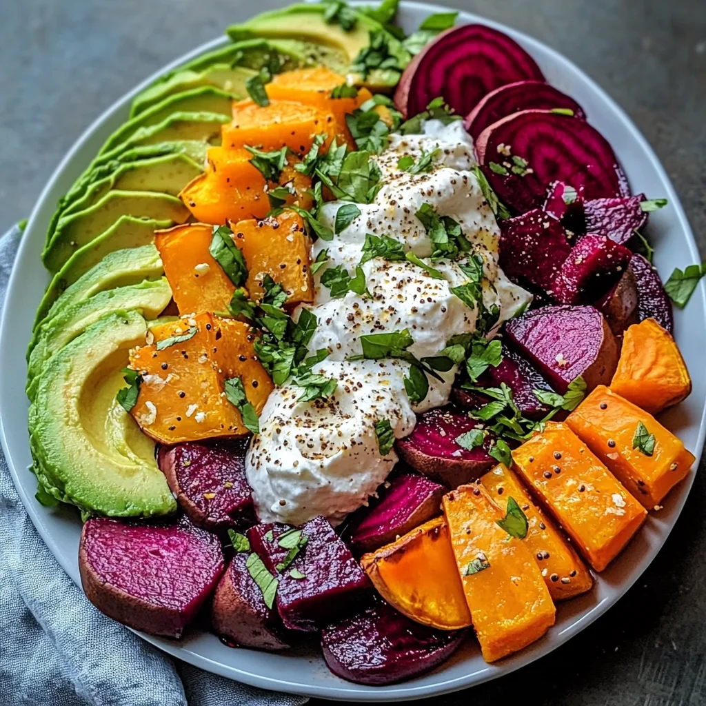 Roasted Beet, Sweet Potato & Avocado Salad with Whipped Ricotta & Lemon-Tahini Drizzle