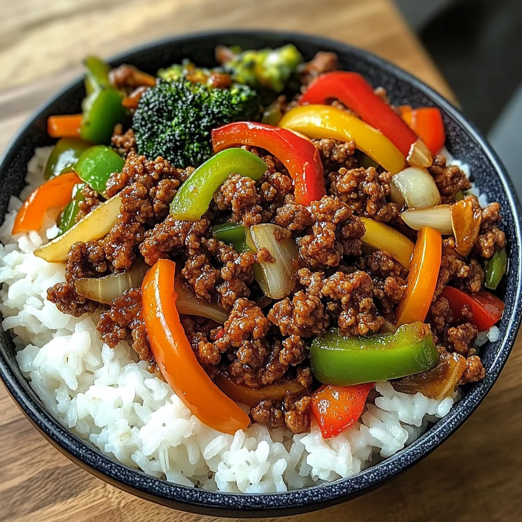 Spicy Ground Beef Stir-Fry Bowl with Garlic Veggies & Steamy Rice