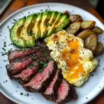 Steak, Cheesy Scrambled Eggs & Herb Potatoes