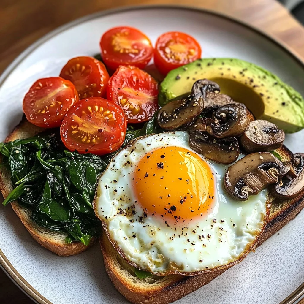 Sunny Eggs with Sauted Spinach, Mushrooms & Avocado Toast