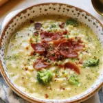 Broccoli Cheddar Orzo Soup with Crispy Prosciutto